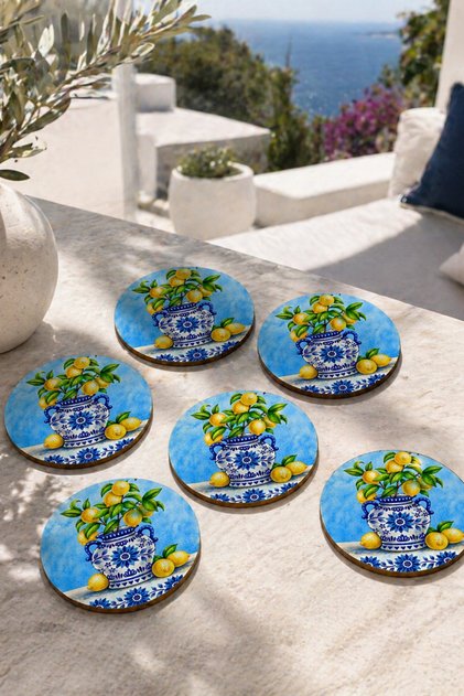 Lemon Figurine Motif Coasters Set of 6 – Sicily Themed - 9 Cm, 3 mm Mdf, Uv Printing, Decorative Coasters