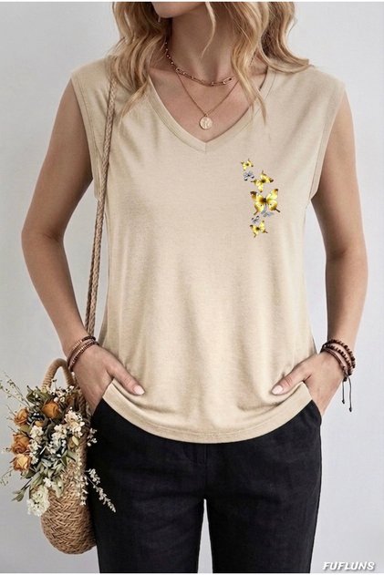 Damen-T-Shirt mit Aufdruck „Tiny Butterflies“ in Übergröße, ärmellos