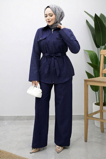 Double Pocket Gathered Waist Double Suit Set Tsd260202 Navy Blue