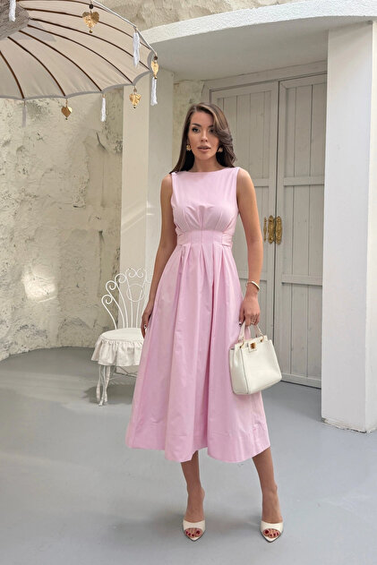 Lusin Women's Pink Lined Tie-Waist Dress (Slim Fit Waist) Sleeveless Poplin  Fabric Stylish Midi Summer Dress- Trendyol