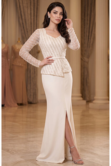 DVNA Classic Embroidered Dress in Off-White Color- Trendyol