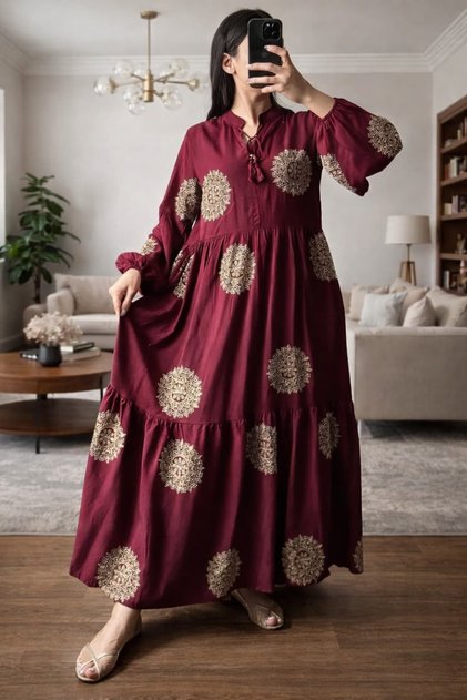 Silvery Embroidered Casual Dress Burgundy