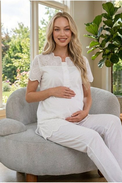 New Season Ecru Fisto Linen Detailed Special Design Summer 100% Cotton Maternity Pajama Set