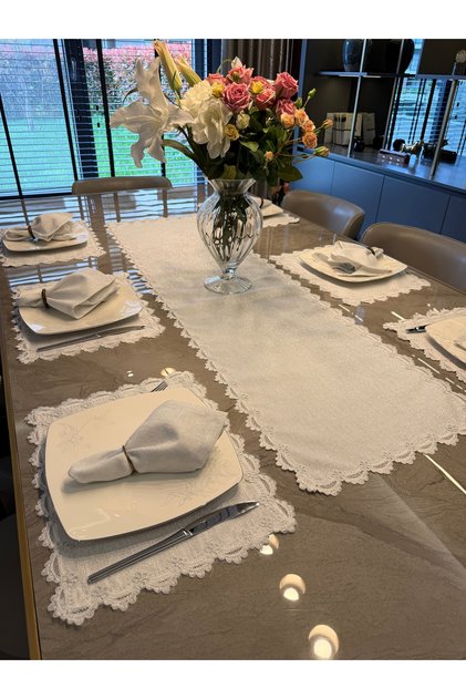 Royal Ruby Lace Detailed Silver Glitter White American Placemat, Runner, and Napkin Set