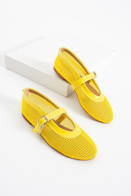 Alisa Yellow Mesh Belt Detailed Women's Ballerinas