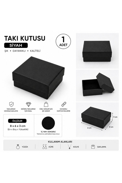 Siyah Karton İçi Süngerli Takı Kutusu 8x6x3 cm Hediye Kutusu Yüzük Küpe Kolye Saklama Kutusu