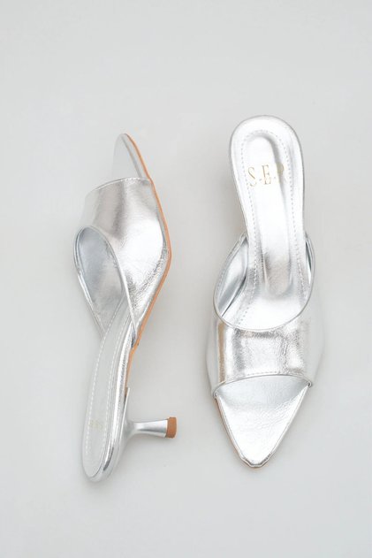 Women's heeled slippers - 5 cm stiletto heel pointed toe women's slippers silver yanki