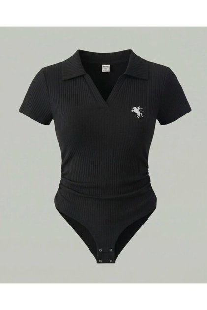 Polo Collar Embroidered Bodysuit Blouse
