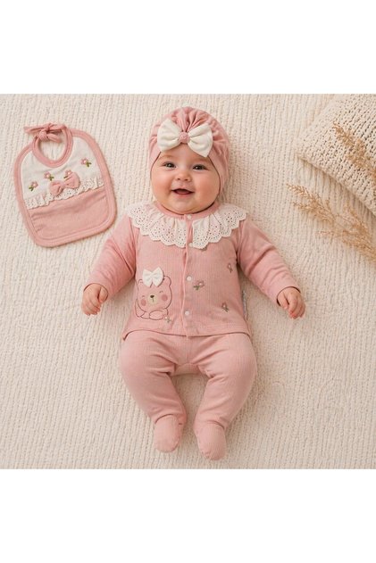 Baby Girl 0-3 Months with Report (Self-Patterned) 5-Piece Hospital Release Set with Hands