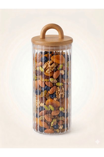 Vacuum Wooden Lid Borosilicate Striped Glass Storage Container - 1000ml