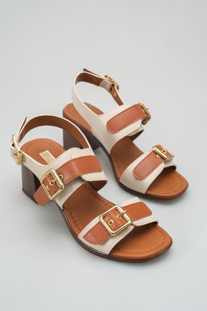 S600 Double-Strapped and Gold-Colored Metal Buckle Thick-Heeled Sandals Stylish Women's Shoes
