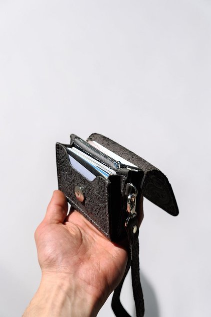 Women's Wallet with Shawl Pattern, Genuine Leather, Wrist Strap, Coin Compartment, Small Size Wallet, Gray