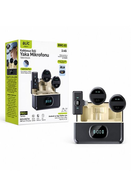 BWC-03 Kablosuz İkili Yaka Mikrofonu Dijital Ekranlı Şarj Kutulu Lightning Port Girişli