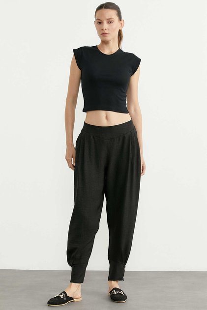Linen Look Trousers with Cuff Detail - Black