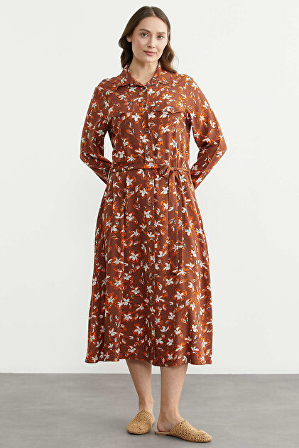 Patterned Long Sleeve Viscose Shirt Dress - Brown