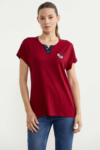 Embroidered Knitted Combination Blouse - Burgundy
