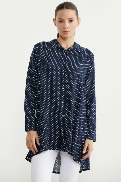 Plus Size Polka Dot Long Viscose Shirt - Navy Blue