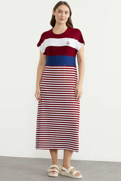 Striped Marine Off-Shoulder Combed Cotton Dress - Burgundy