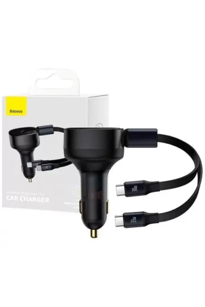 Incarcator auto Enjoyment, 33W, cu cablu retractabil 2 x USB-C, Negru
