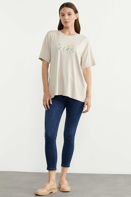 Floral Print Crew Neck T-Shirt - Stone
