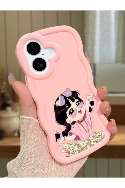 iPhone 16 Plus Compatible Shockproof Simple Pink Silicone Phone Case Cute Girl Pattern