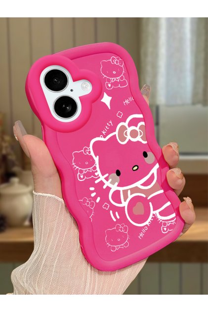 iPhone 16 Compatible Shockproof Simple Red Silicone Phone Case Hello Kitty Pattern