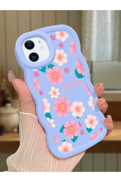iPhone 11 Compatible Shockproof Simple Blue Silicone Phone Case Cover Flower Pattern