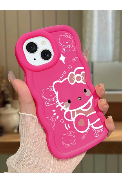 iPhone 15 Compatible Shockproof Simple Red Silicone Phone Case Hello Kitty Pattern