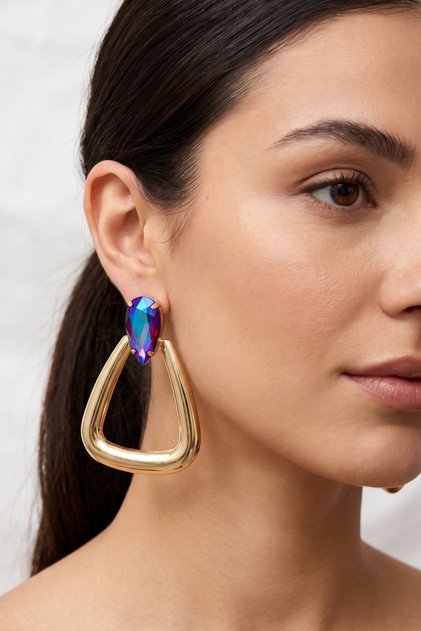 Droplet Stone Large Triangle Metal Earrings 7 Cm.