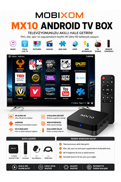 mobixom MX10 Android TV Box 4K Ultra HD Medya Oynatıcı + Kumandalı