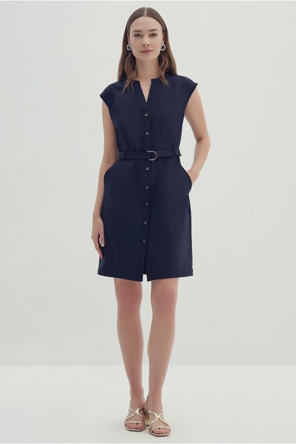 Buttoned Belted Midi Dress