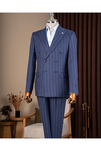 Slim Fit Men's Double-Breasted Pointed Collar Striped Linen Suit Navy Blue T20100-02