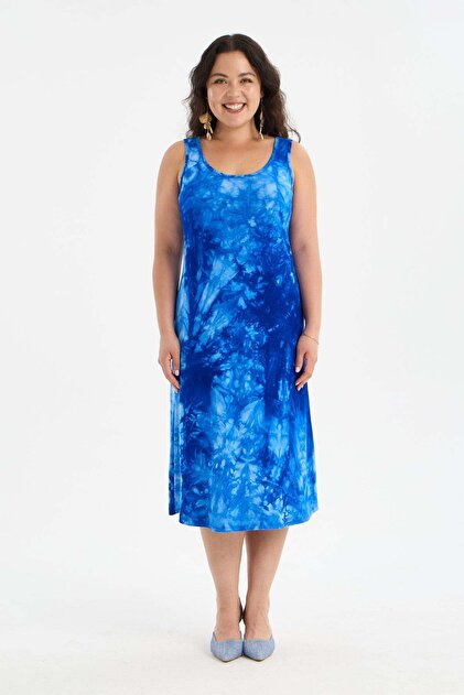 Madwilo Women's Cobalt Blue Tie-Dye Painting Strappy Plus Size Dress