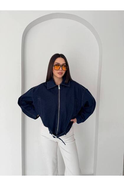 Belted Bat Sleeve Denim Jacket - Navy Blue Navy Blue