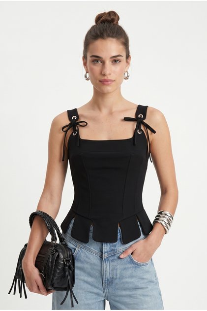 Women's Larissa Rope Detailed Corset Black Woven Blouse