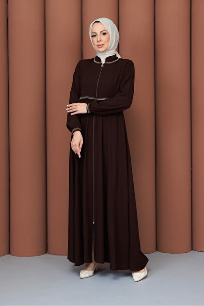 Summer Mevlana Model Flared Abaya and Topcoat with Patterned Sleeves and Waist