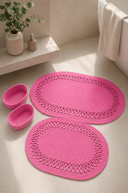 Terra 4-Piece Bathroom Set – 2 Oval Mats & 2 Oval Baskets, Natural Rope Weave, Handmade - Premium