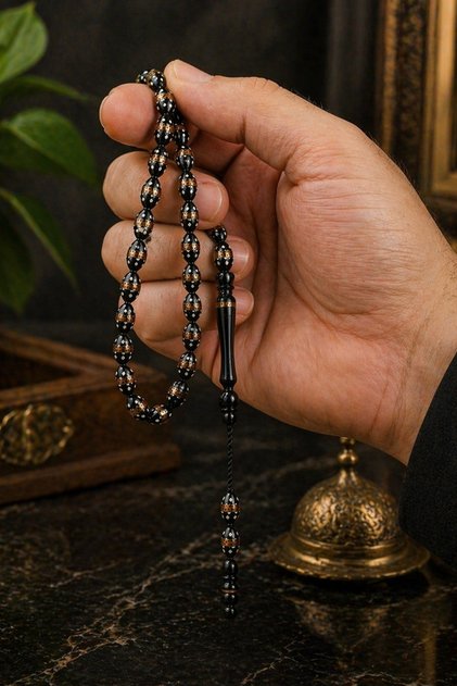 Men's Kuka Prayer Beads with Brass Embellishments in Black and Gold Yellow, Wrist Length