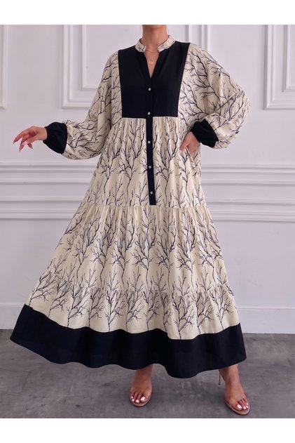 Women's Patterned Button Detailed Long Viscose Dress