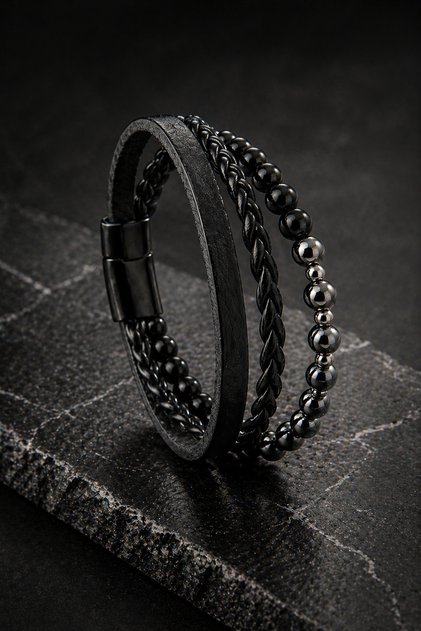 Men's Black Leather and Natural Stone Detailed Multi-Layered Bracelet with Steel Clip Modern Stylish Design