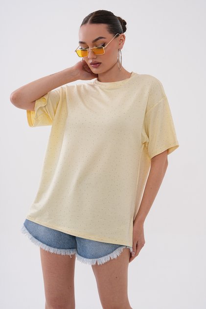 Stone-Applied Cristal T-Shirt with Slits