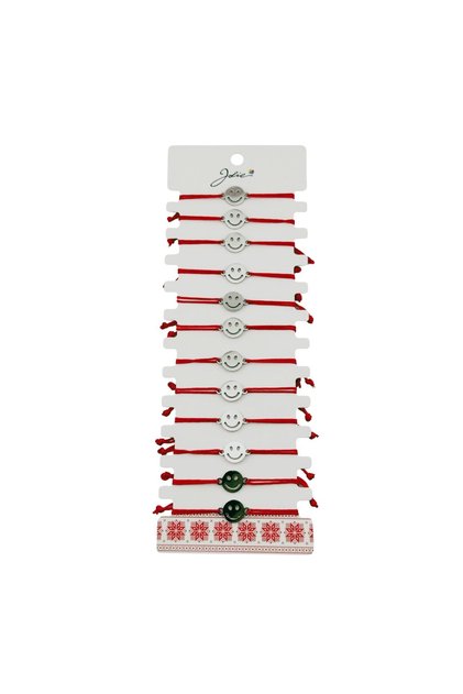 Bratara Martisor pentru Dama, Jolie, Model Smile, Set 12 bucati, Pandativ Argintiu din Inox cu Snur Rosu Ajustabil
