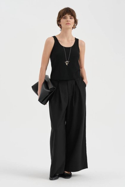 Women's Wide Belted Trousers with Pleated Detail on the Front