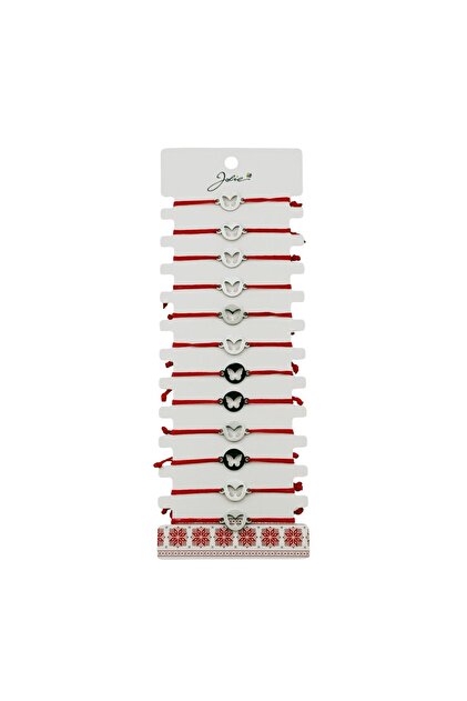 Bratara Martisor pentru Dama, Jolie, Model Fluture in Cerc, Set 12 bucati, Pandativ Argintiu din Inox cu Snur Rosu Ajustabil