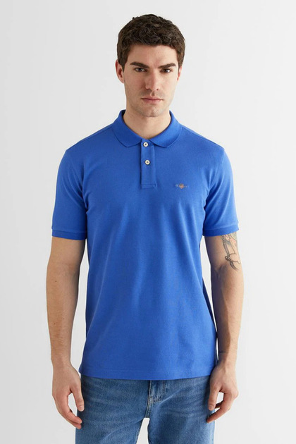 Men's Blue Regular Fit Logo Polo Neck T-Shirt