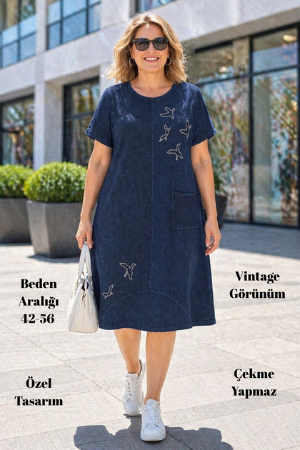 - Women's Plus Size Stone Detailed Comfortable Fit Casual Dress C2218