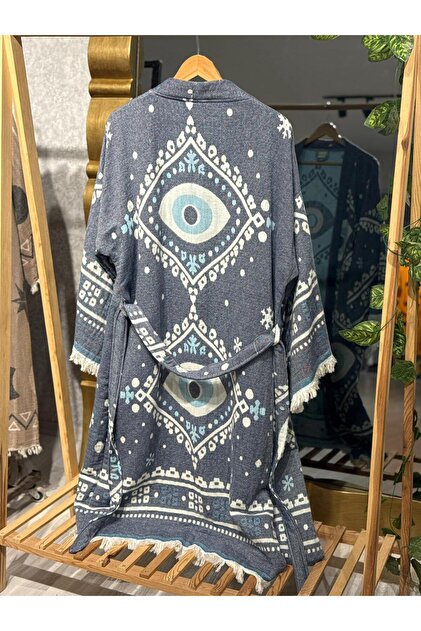 Muslin Kimono 100% Cotton Evil Eye Patterned Jacquard Bathrobe Kaftan Dressing Gown Anthracite