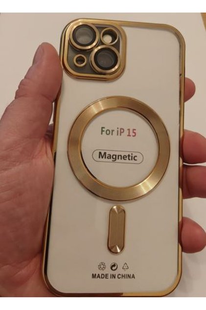Husă iPhone 15 Transparentă Premium, Ramă Gold, Compatibilă MagSafe, Slim Elegant, Protecție Anti-Șoc și Anti-Zgârieturi