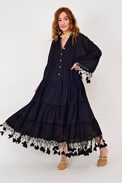 Women's Bohemia Design Tassel Detail Long Raw Black Tunic Dress