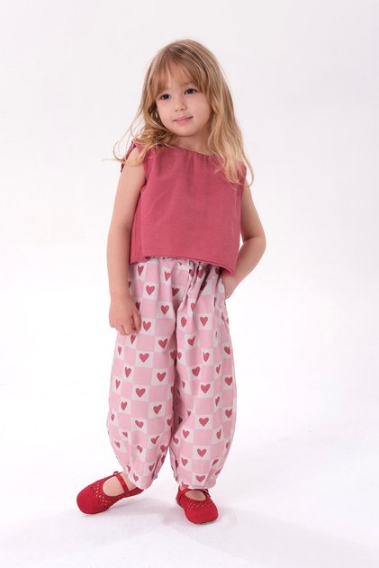 Girl's Heart Patterned Balloon Pants and Tie-Back Vest Top and Bottom Set